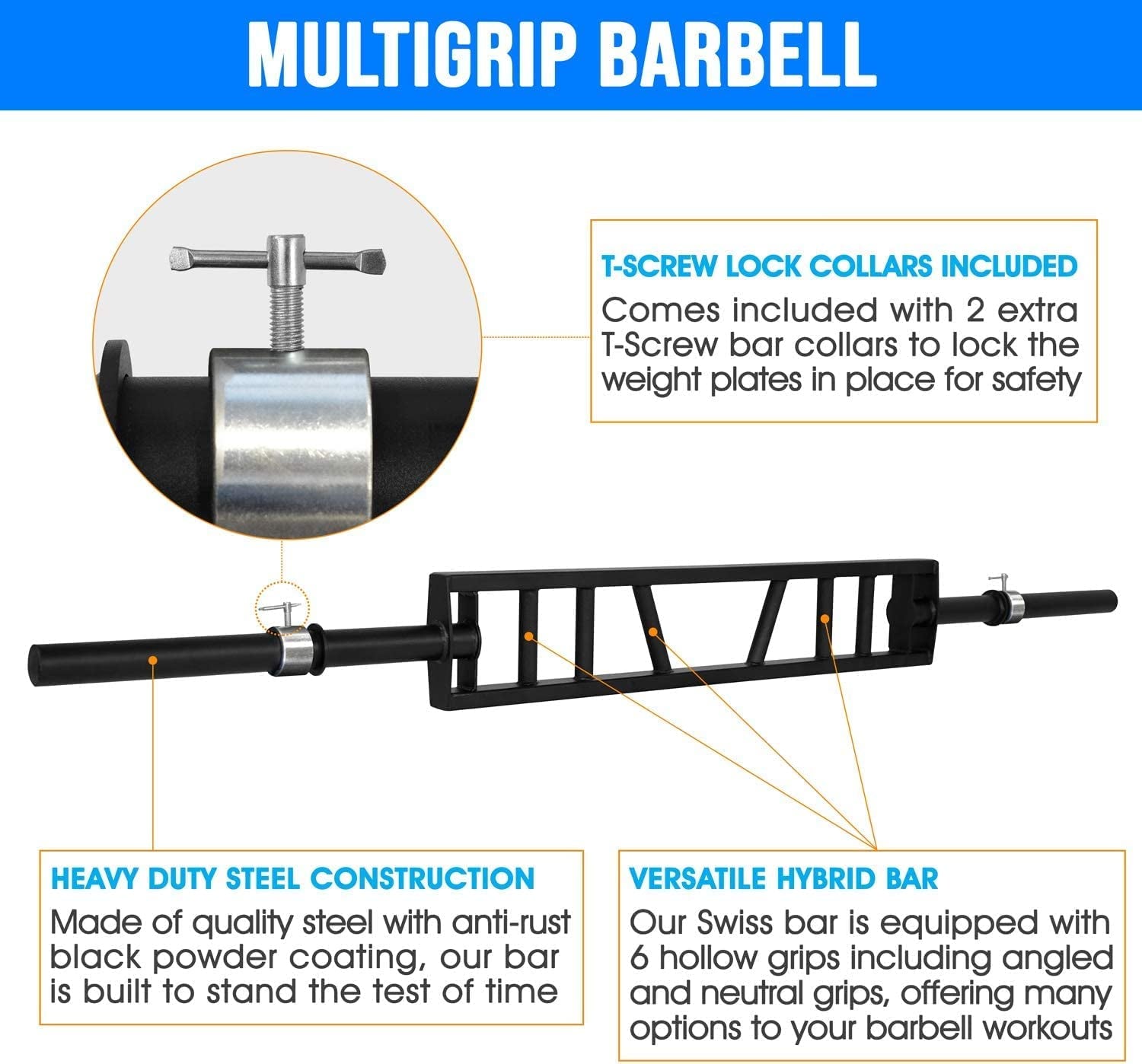 Multi Grip Barbell & Cable Attachment - Swiss Bar, American Bar for Greater Rang