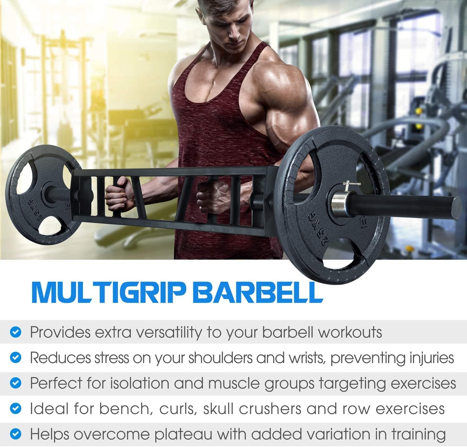 Multi Grip Barbell & Cable Attachment - Swiss Bar, American Bar for Greater Rang