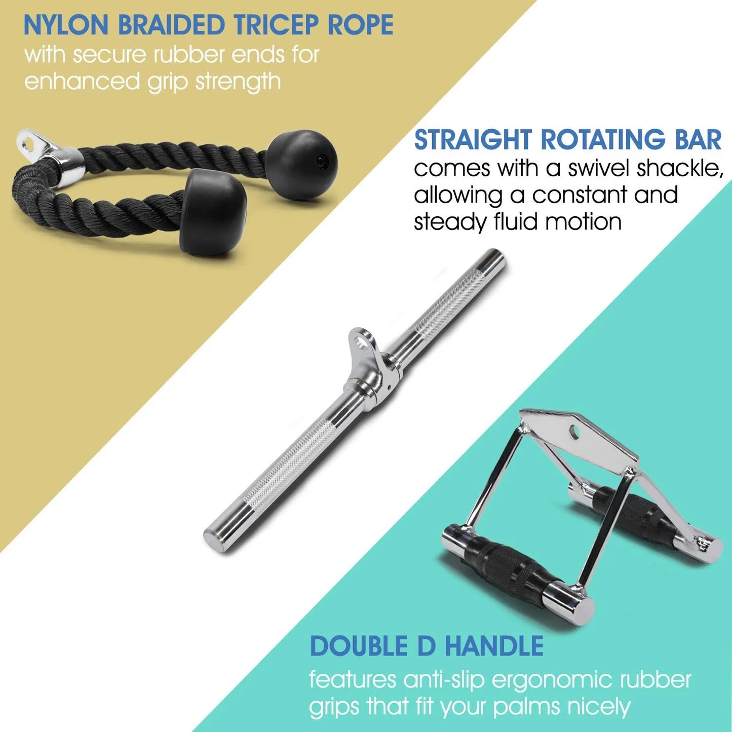 Double D Handle + Tricep Rope + V-Shaped Bar Cable Attachment Combo