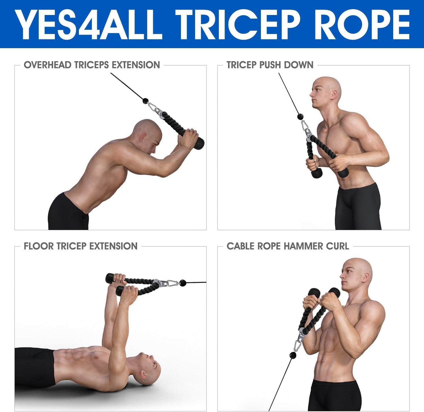 Deluxe Tricep Rope Cable Attachment, 27 & 36 inch with 4 Colors