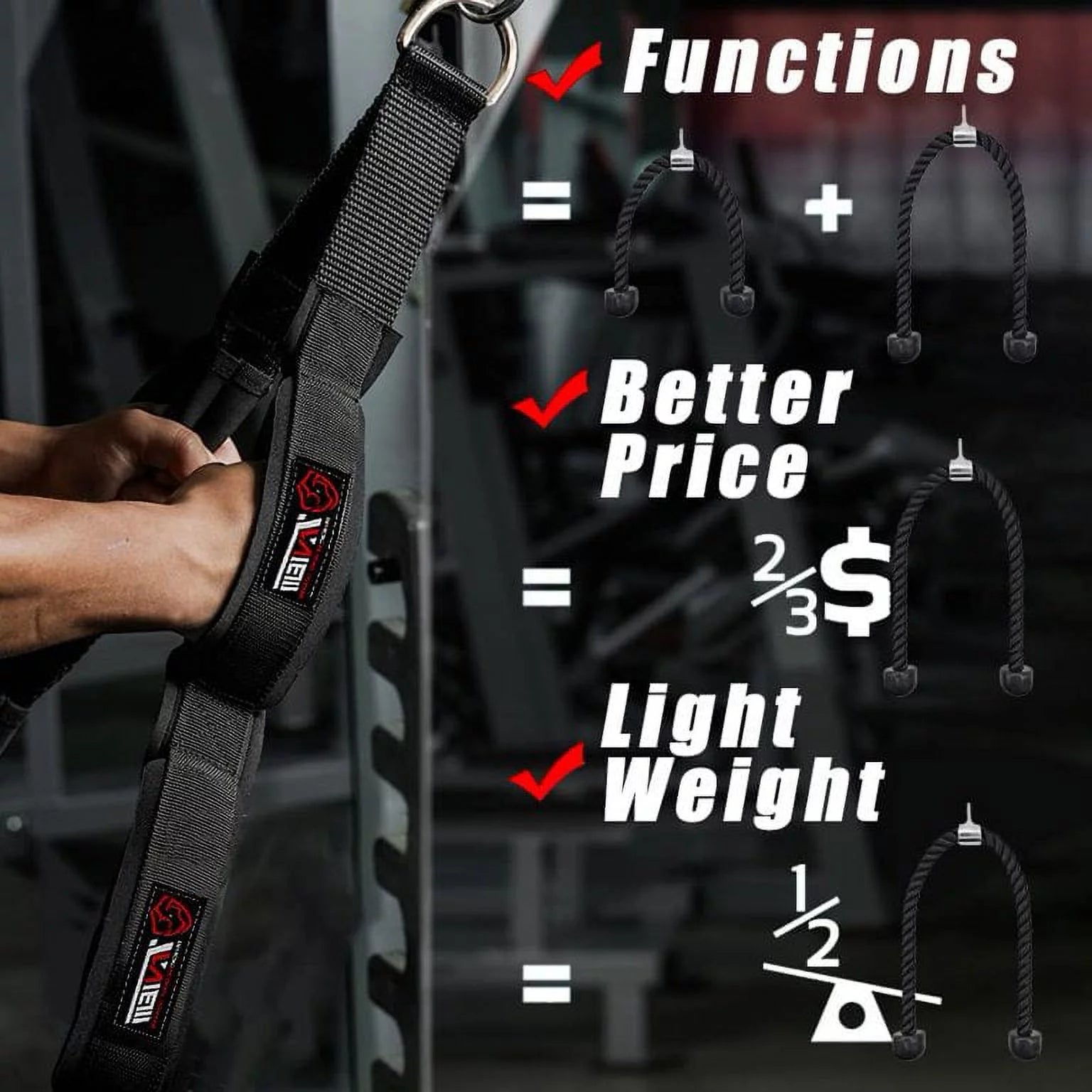 Tricep Rope Cable Attachment (Two Lengths Built in One) Greater Range of Motion,Tricep Pull down Rope Extension Straps Cable Crossover Accessories