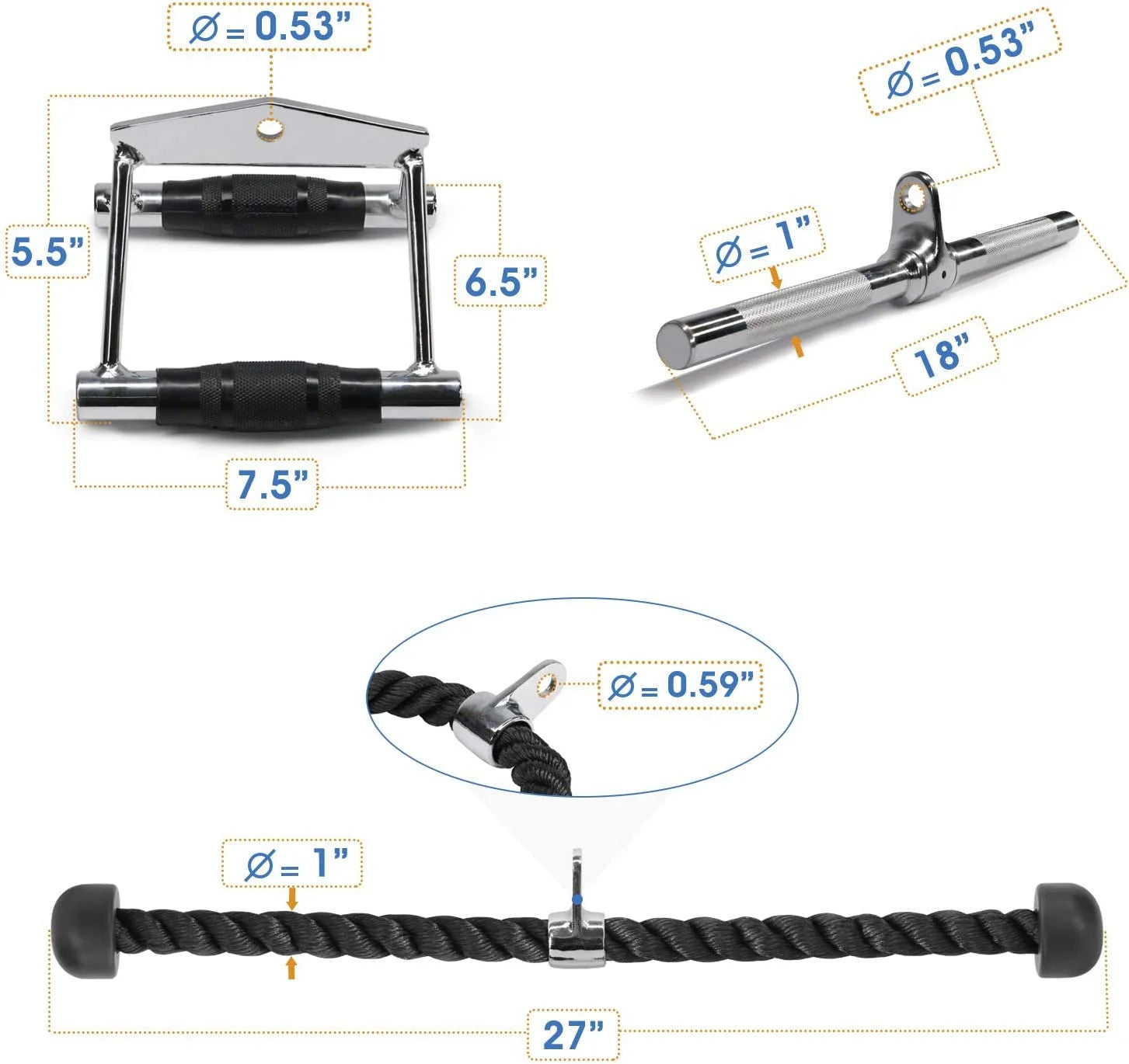 Double D Handle + Tricep Rope + V-Shaped Bar Cable Attachment Combo